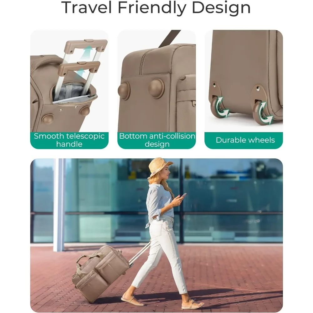 حقيبة دفل دوارة سعة 42 لترًا مع عجلات، حقيبة حمل للسفر، حقيبة من القماش الخشن بجيب مبلل، حقيبة سفر مدمجة ومتينة