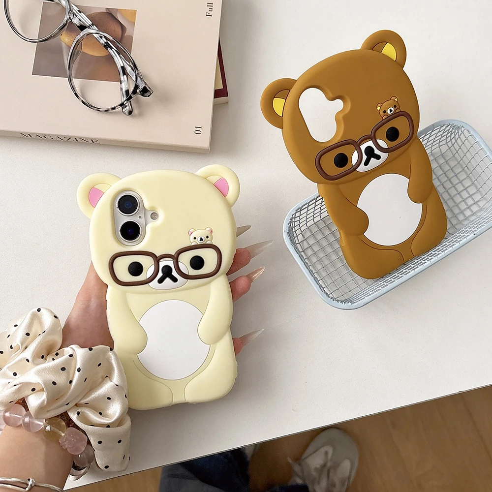 لطيف نظارات Rilakkuma الدب الحال بالنسبة آيفون 16 زائد 15 14 13 12 11 برو X XS ماكس XR 6 7 8 زائد SE ثلاثية الأبعاد الكرتون لينة غطاء سيليكون #2