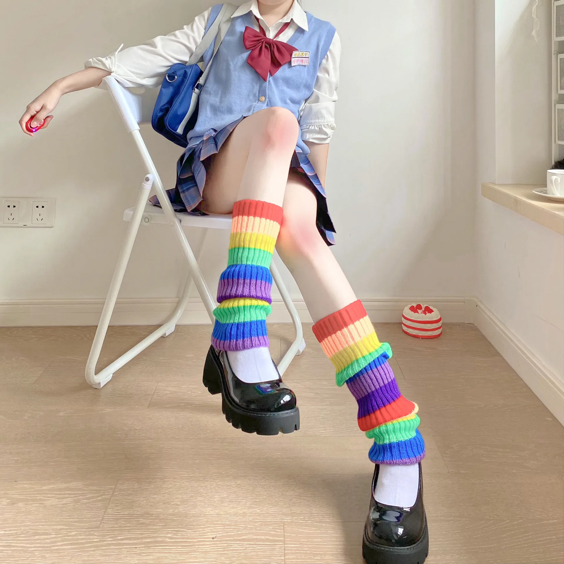 JK-Calentadores de piernas de arco iris para niñas, calcetines largos de invierno para mantener el calor, Lolita, calcetines cálidos para niñas