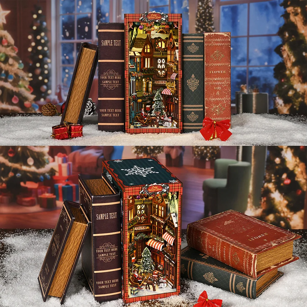 3D خشبية عيد الميلاد الزاوية DIY كيت كتاب الزاوية نموذج منزل صغير مع أضواء LED رف الكتب الديكور لعبة هدية اليدوية #2