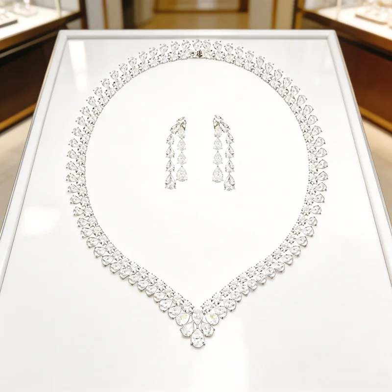 Luxury Fashion Style Earrings Necklace Women Lady Double Rows Inlay Drop-shaped Cubic Zircon Party Fine Jewelry Sets