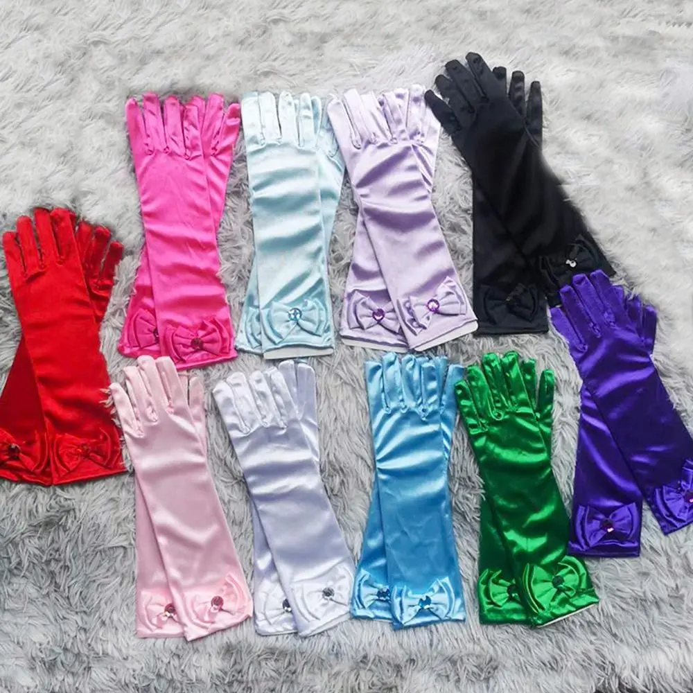 Children Long Gloves Princess Dance Performance Stage Gloves Satin Sequins Bow Glove Solid Full Finger Mittens Birthday Gifts