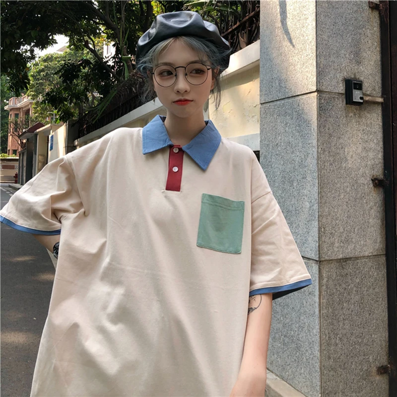 

Cotton Patchwork Summer Short Sleeve Women Retro Polo Tshirt Fashion Oversized Cute Basic Top Preppy Style European And American