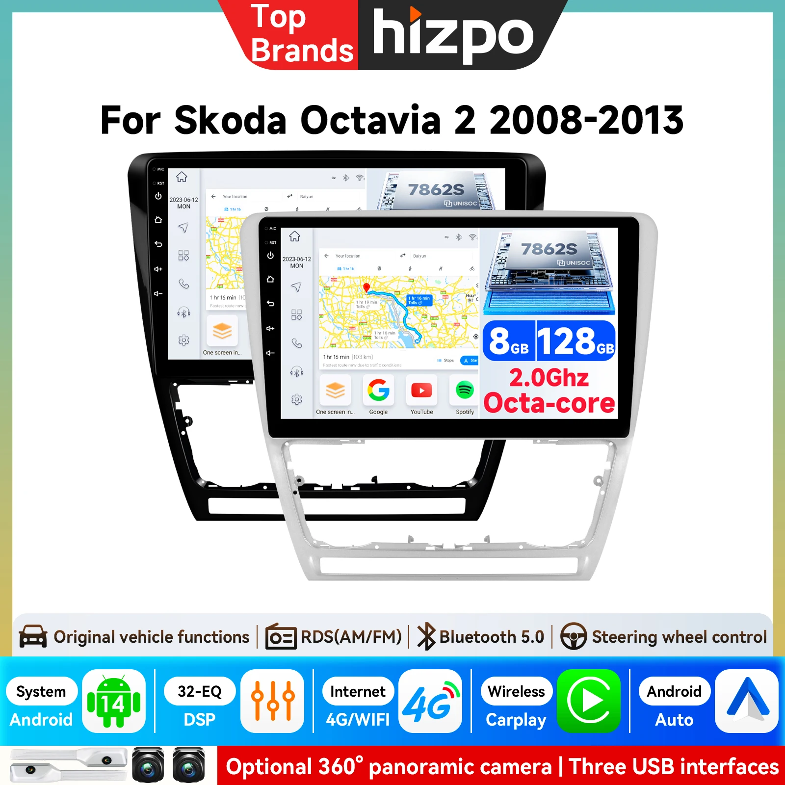 Hizpo 2Din Android 8-Kern Autoradio für SKODA Octavia 2 A5 2008-2013 Octavia 3 A7 2018 Multimedia-Videoplayer Navigation Carplay