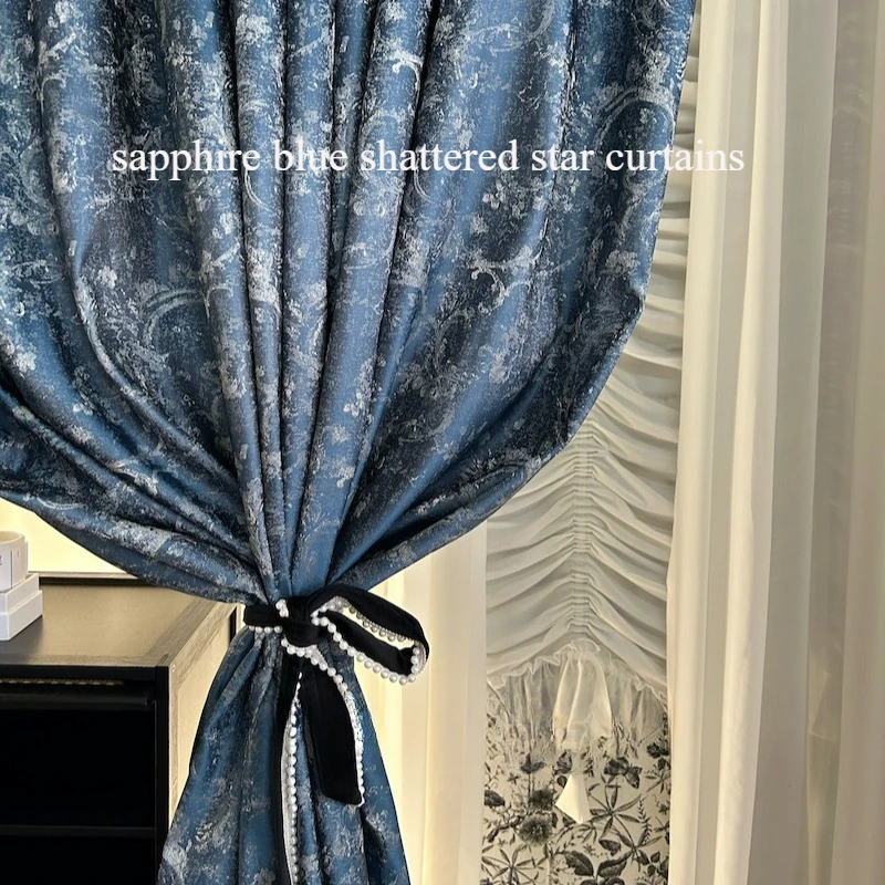 European Sapphire Blue Shattered Star Curtains for  Bedroom Sparkling High-end Jacquard Window Curtains High-end Warm Curtains