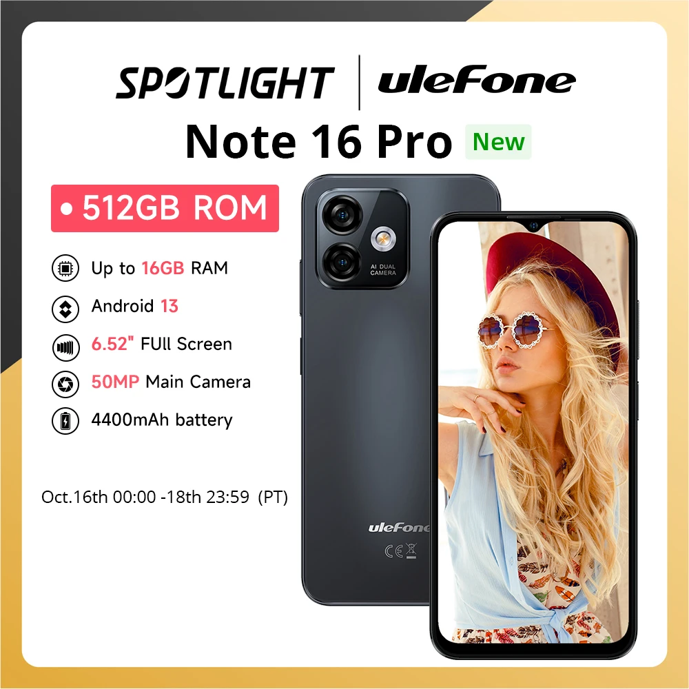 Ulefone-Nota 16 Pro 4G Cellula, até 16GB de RAM, 512GB ROM, Android 13, 50MP, 6,52 ", 4400mAh, GPS, Versão Global