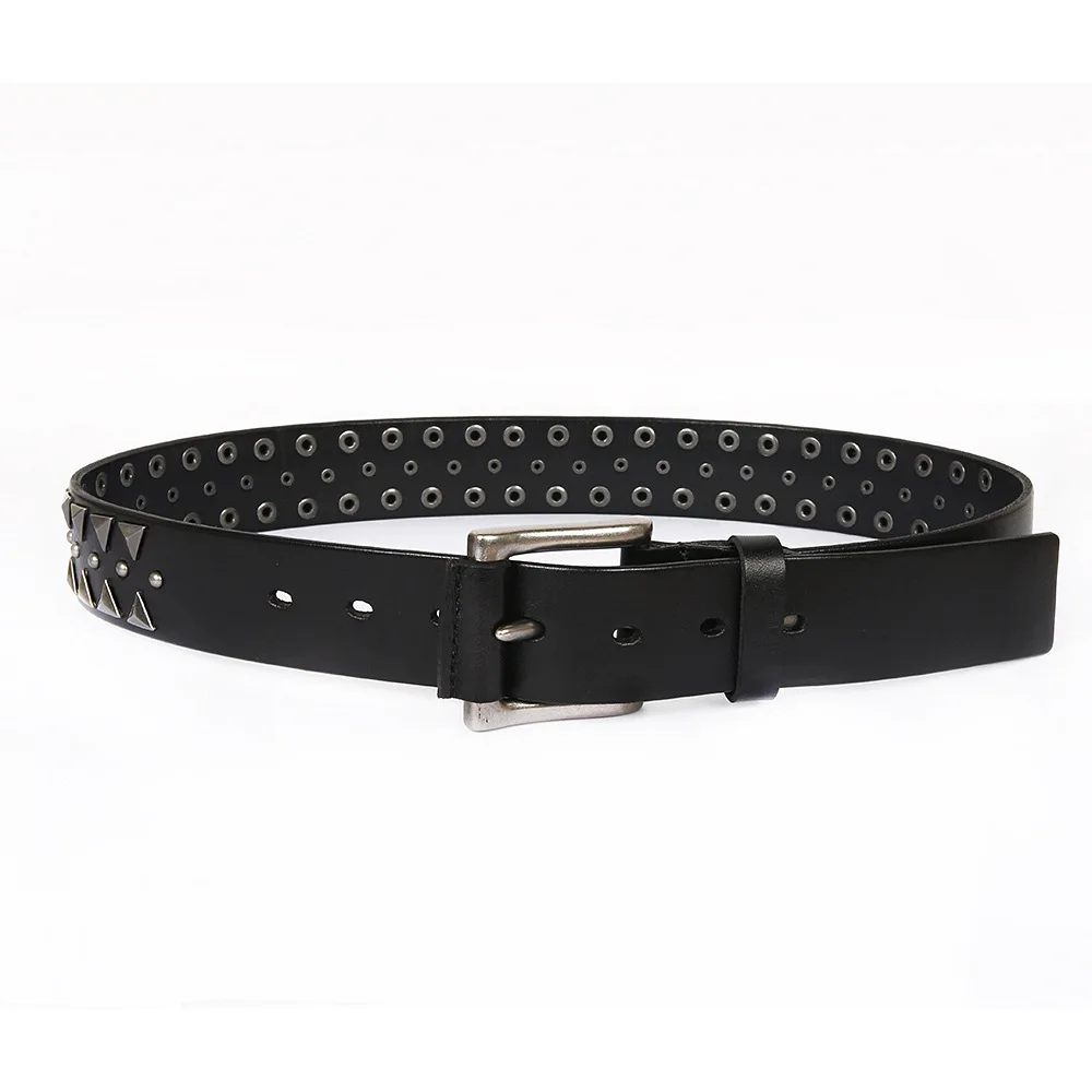 New style triangular rivet top-grain leather belt, 3.8cm wide black denim belt