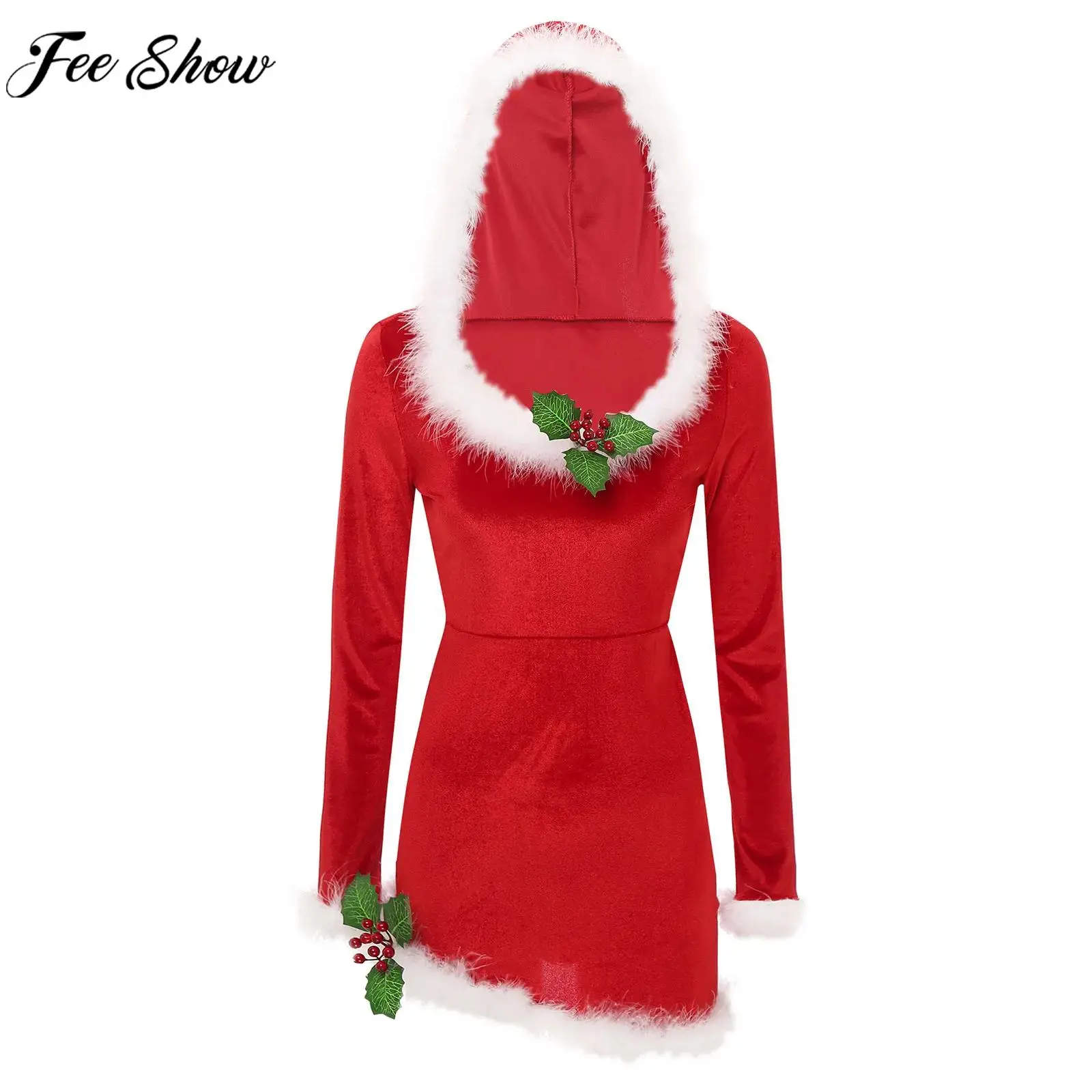 Frauen Weihnachten Samt Kleid Langarm Feder Trim Kapuzen kleider Weihnachten Neujahr Party Santa Claus Cosplay Kostüm Clubwear