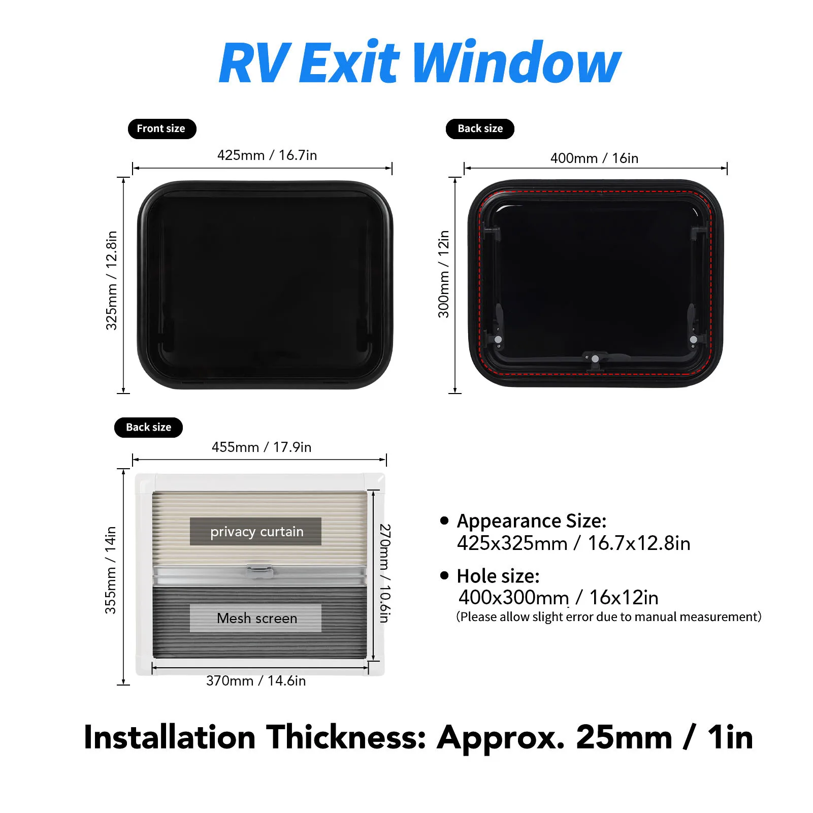 RV External Push Window 16x12in Rounded Acrylic Glass Easy Install Erosion Resistant RV Emergency Window for Trailer Motorhome