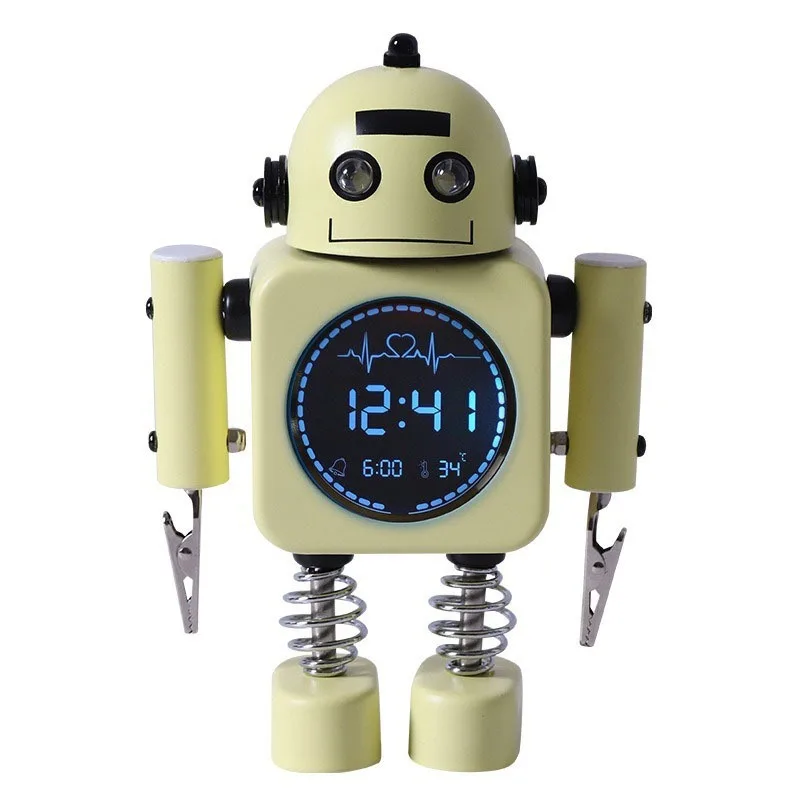 Creative Robot Shaped Alarm Clock With Night Light & Temperature Display Silent Metal Table Clock For Kids Bedroom Bedhead,