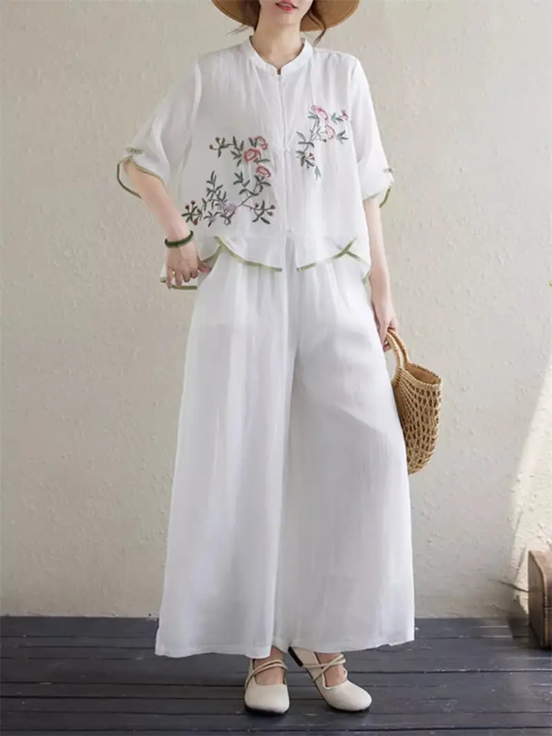 2024 Summer Retro New Chinese Linen Set Women 2 Pieces Embroidered Stand Neck Zen Button Shirt Wide Leg Pants Outfits K1343