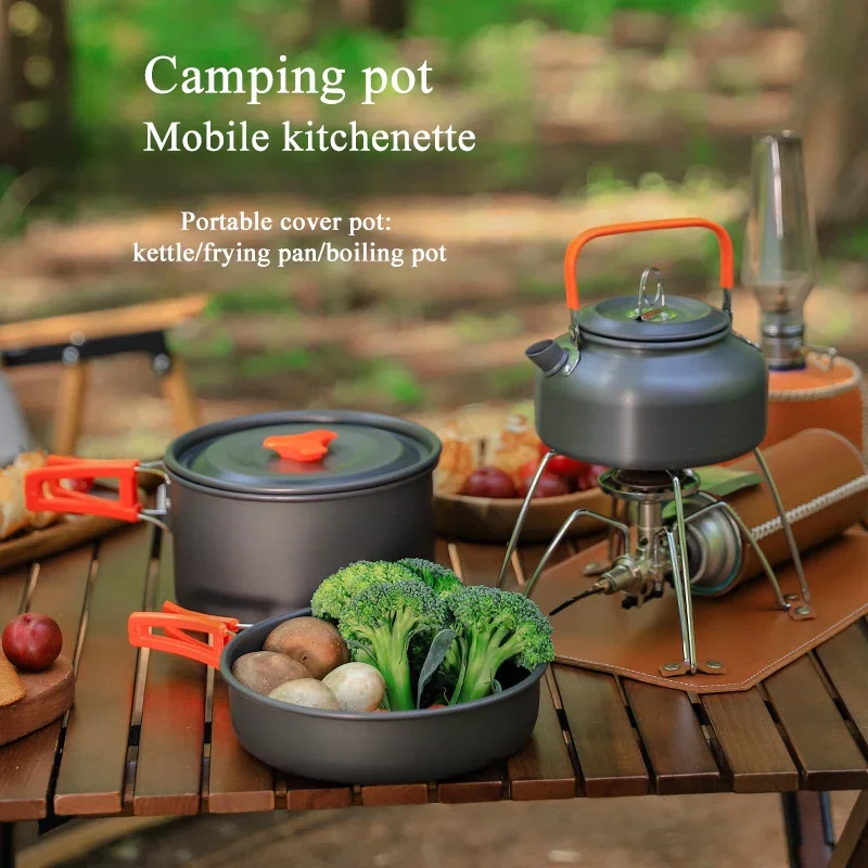 Aluminum Alloy Cooking Set, Outdoor Camping Cookware, Portable with Cooking Pot, Frying Pan Kettle, Plastic Bowl, Spoon Dropship