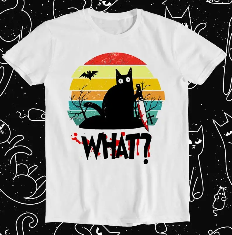 

Cat What Murderous Black Cat Knife Moon Halloween Unisex Men Women Gift Cool Cult Movie Music Fashion Top Tee T Shirt 835