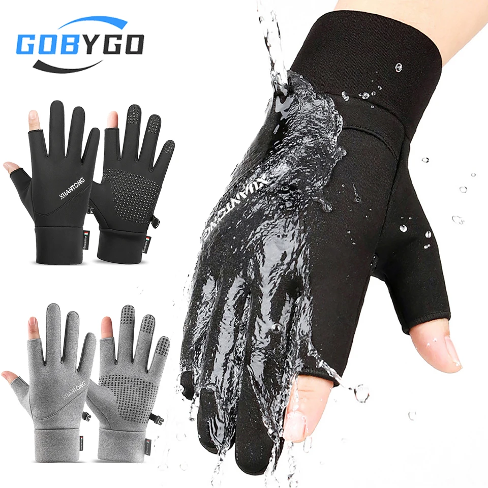 GOBYGO 1Pair Winter Gloves Add FleeceFor Warmth Silicone Anti-slip Cycling Gloves Two-finger-exposed Touchscreen Fishing Gloves