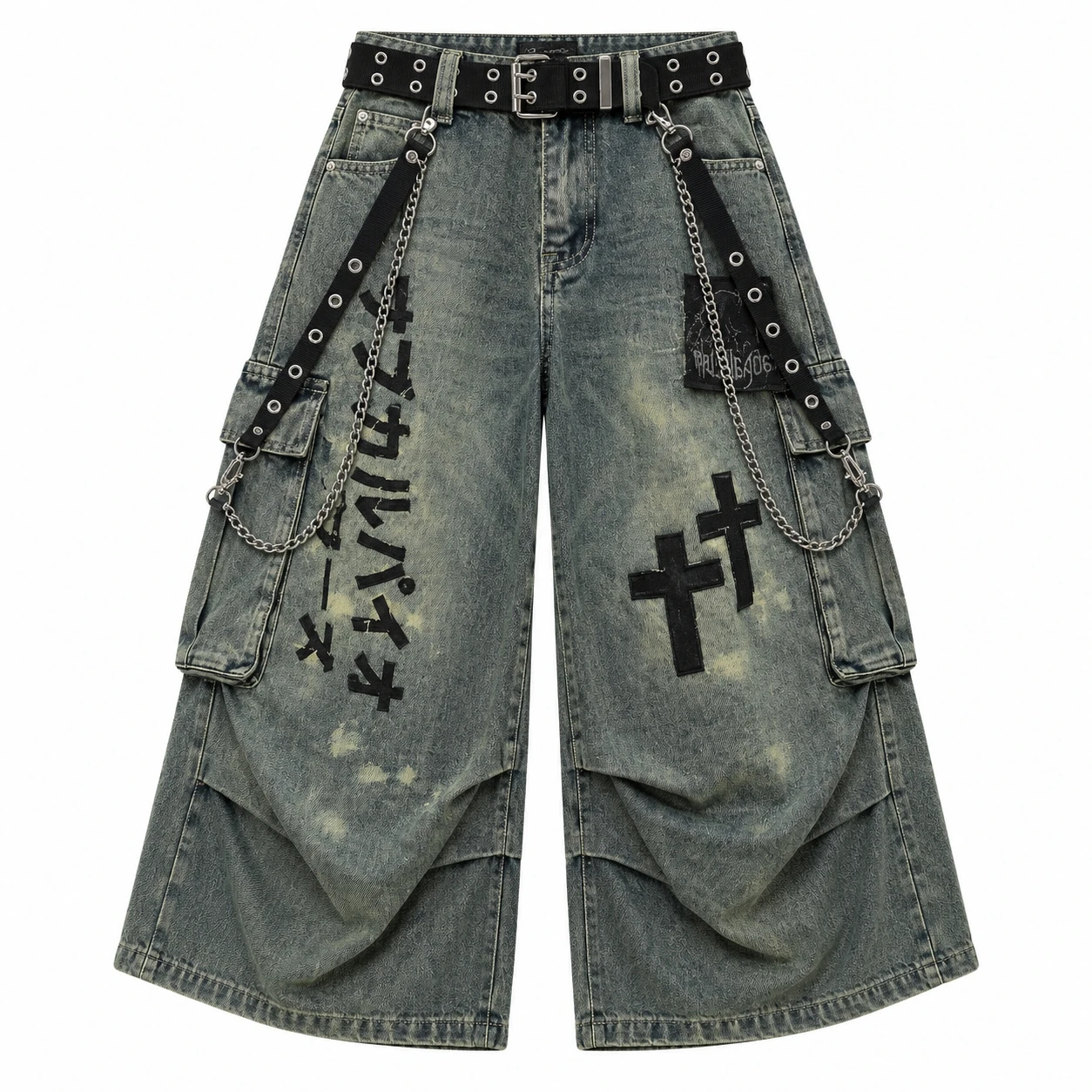 Vintage Blue Cropped Baggy Jeans Womens Patchwork Wide Leg Cargo Pants Hip Hop Punk Ripped Jeans Men and Women Casual Streetwear