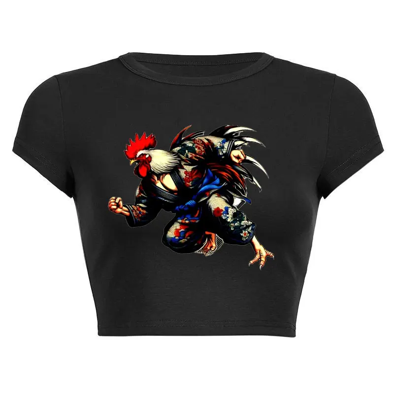 Fighting Roosters Print Short Sleeve Women Casual T Shirts Basic O Neck All Match Crop Top Soft Bodycon Fashion Tees Blouse
