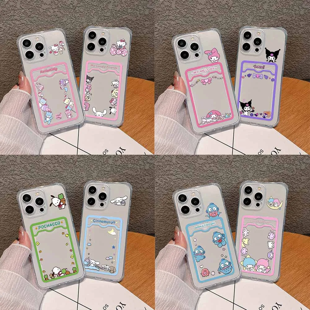 Sanrios Hello Kitty Kuromi Card Hold Case for IPhone 16 15 14 13 12 11 Mini Pro Max X XR XSMax 7 8 Plus Anti-fall Clear Cover