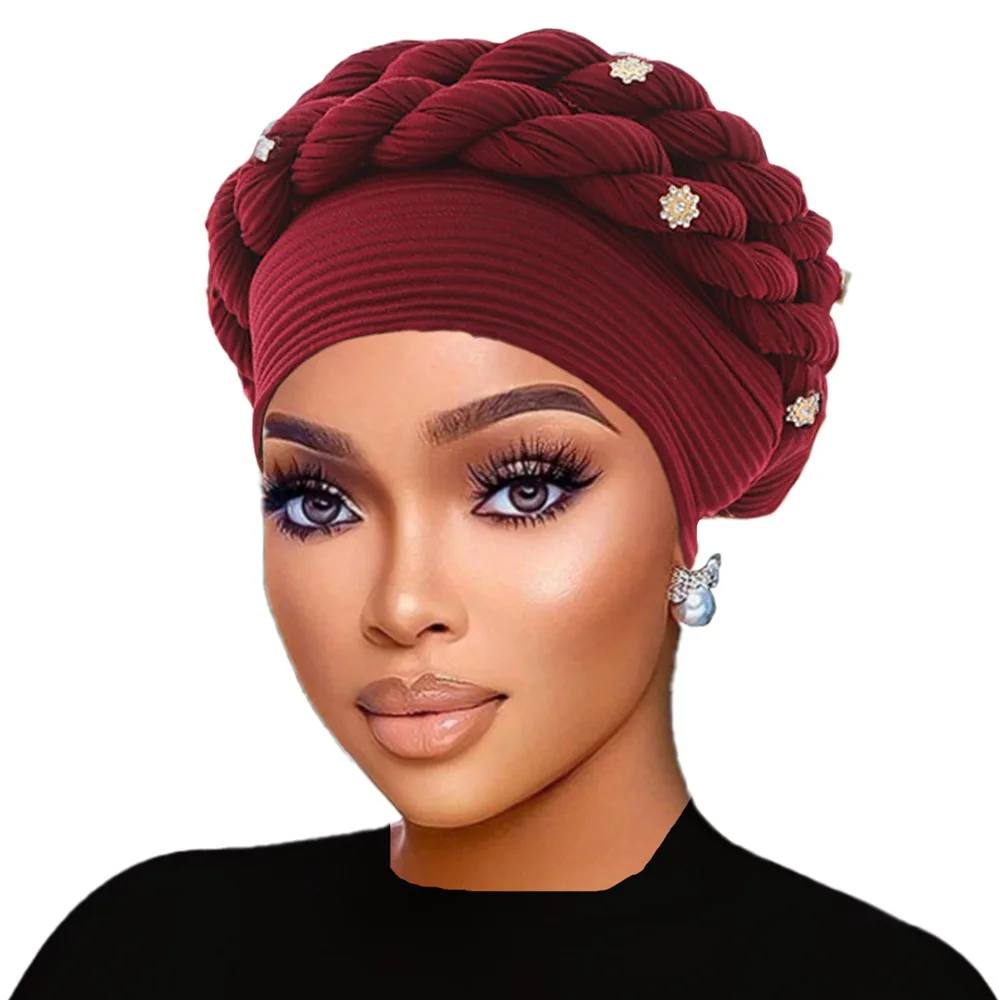 New Handmade Braided Rope Hat, Crinkle Fabric Rhinestone Twist Cap, African Solid Turban Headwrap Hat Export