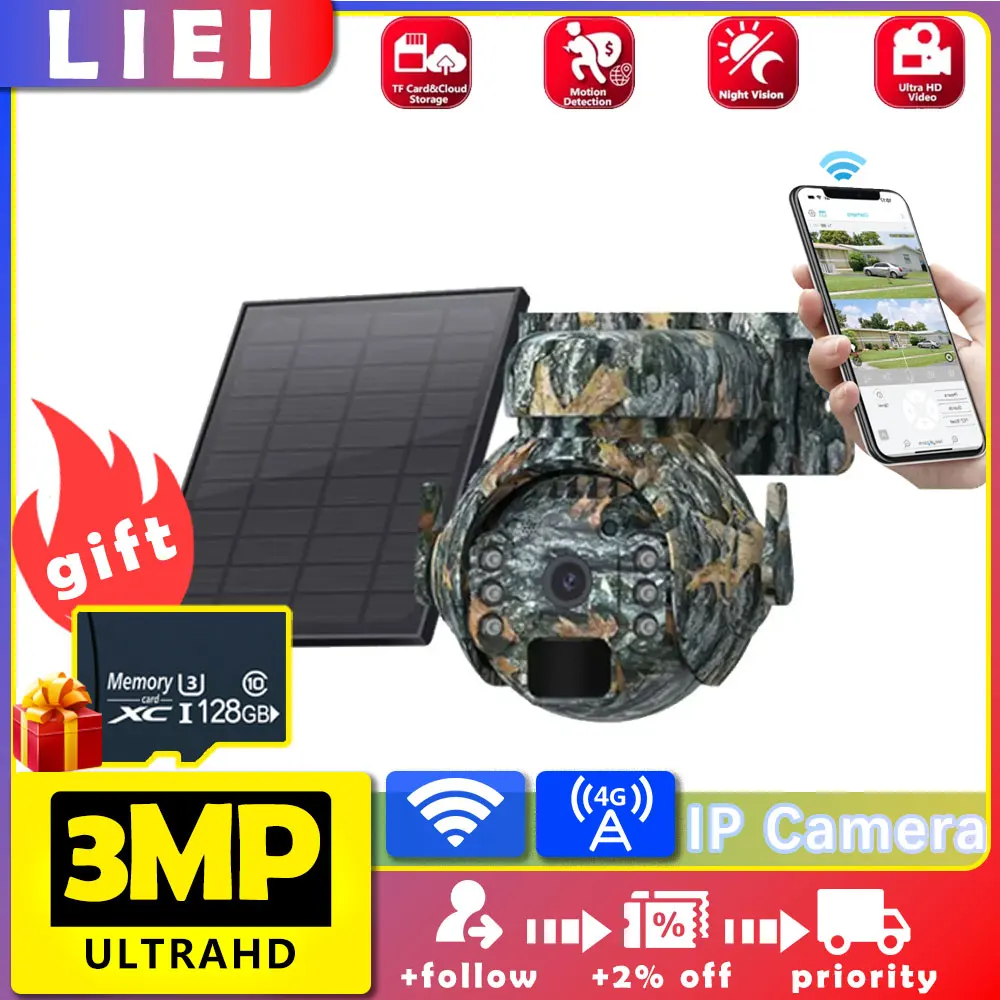 

LIEI 3MP UHD 4K 4G/WIFI Solar Security Cameras Wireless Outdoor 360° View Animal Monitoring Camouflage Color Battery PTZ Camera