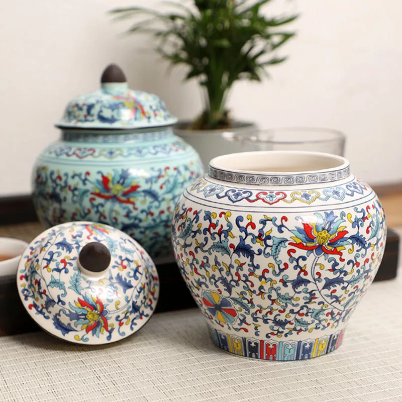 Chinese Ceramic Tea Candy Jar with Lid Table Arrangement Vase Candy Dried Fruit Coffee Bean Medicinal Materials Storage Bottle