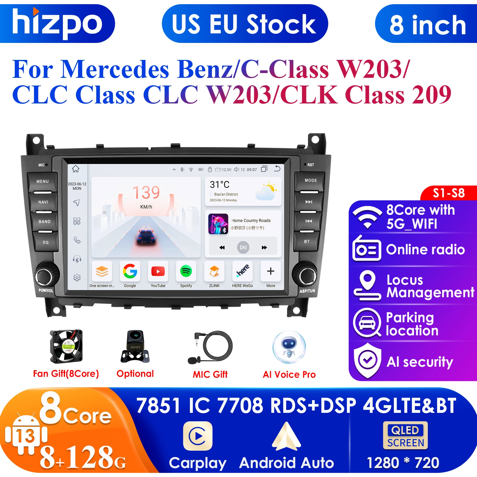 8'' DSP AI 2 Din Android 13 Car Radio for Mercedes Benz CLC W203 C-Class C180 C200 CLK200 CLK W209 CarPlay  4G-LTE AutoRadio GPS