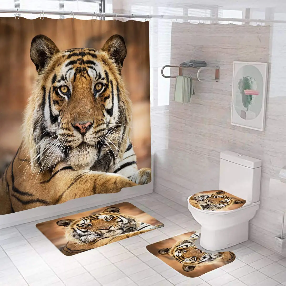 

Black Tiger Animals Printed Shower Curtain Set Bathroom Bathing Screen Anti-slip Toilet Lid Cover Carpet Rugs Kitchen Home Decor
