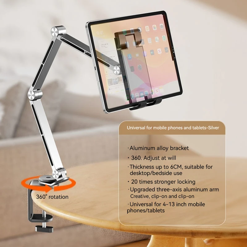 

Aluminum Alloy Rotatable Tablet Holder Stand Desktop Holder Phone Clip Holder Cantilever Home Live for Ipad Pro Folding Bracket