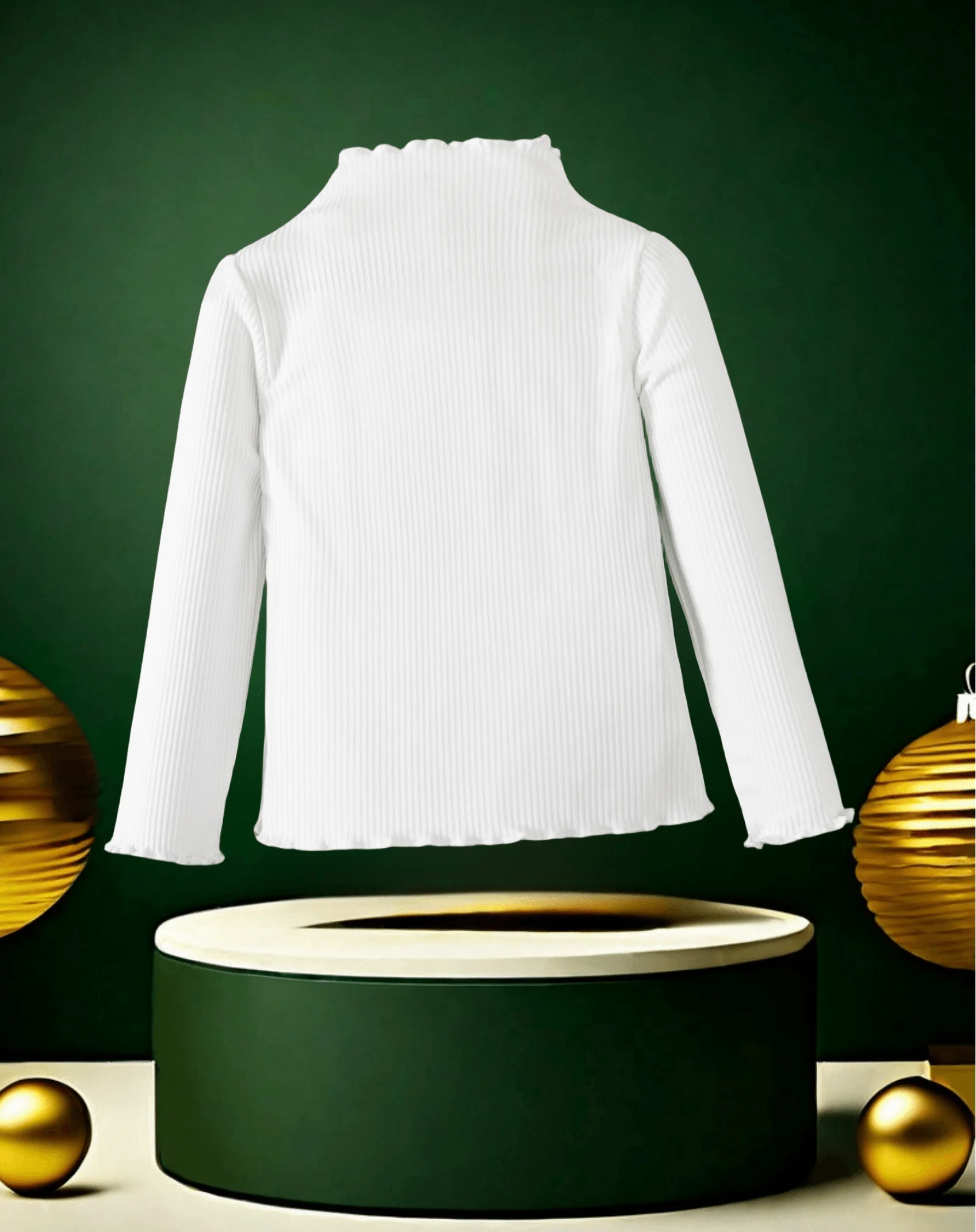 Girls white mid-neck long-sleeved T-shirt - elegant and dense collar, comfortable ribbed fabric, simple and versatile