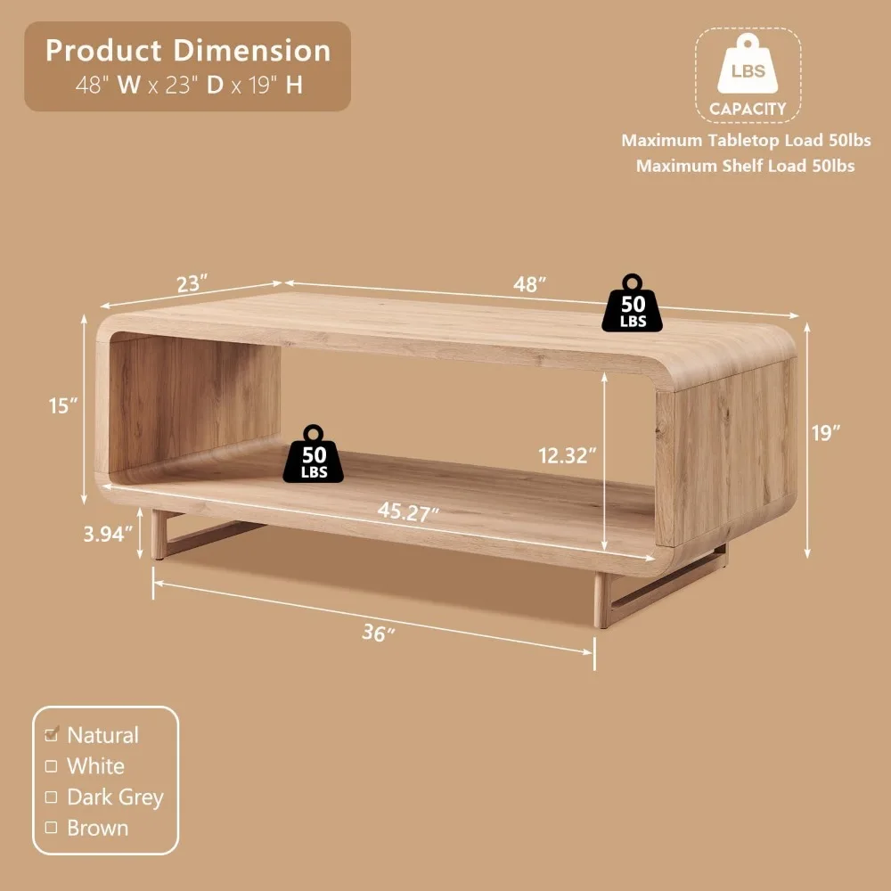 48 طاولة قهوة حديثة، طاولة مركزية بسيطة مكونة من طابقين مع رف تخزين، تصميم كفاف منحني، غرفة معيشة خشبية مستطيلة