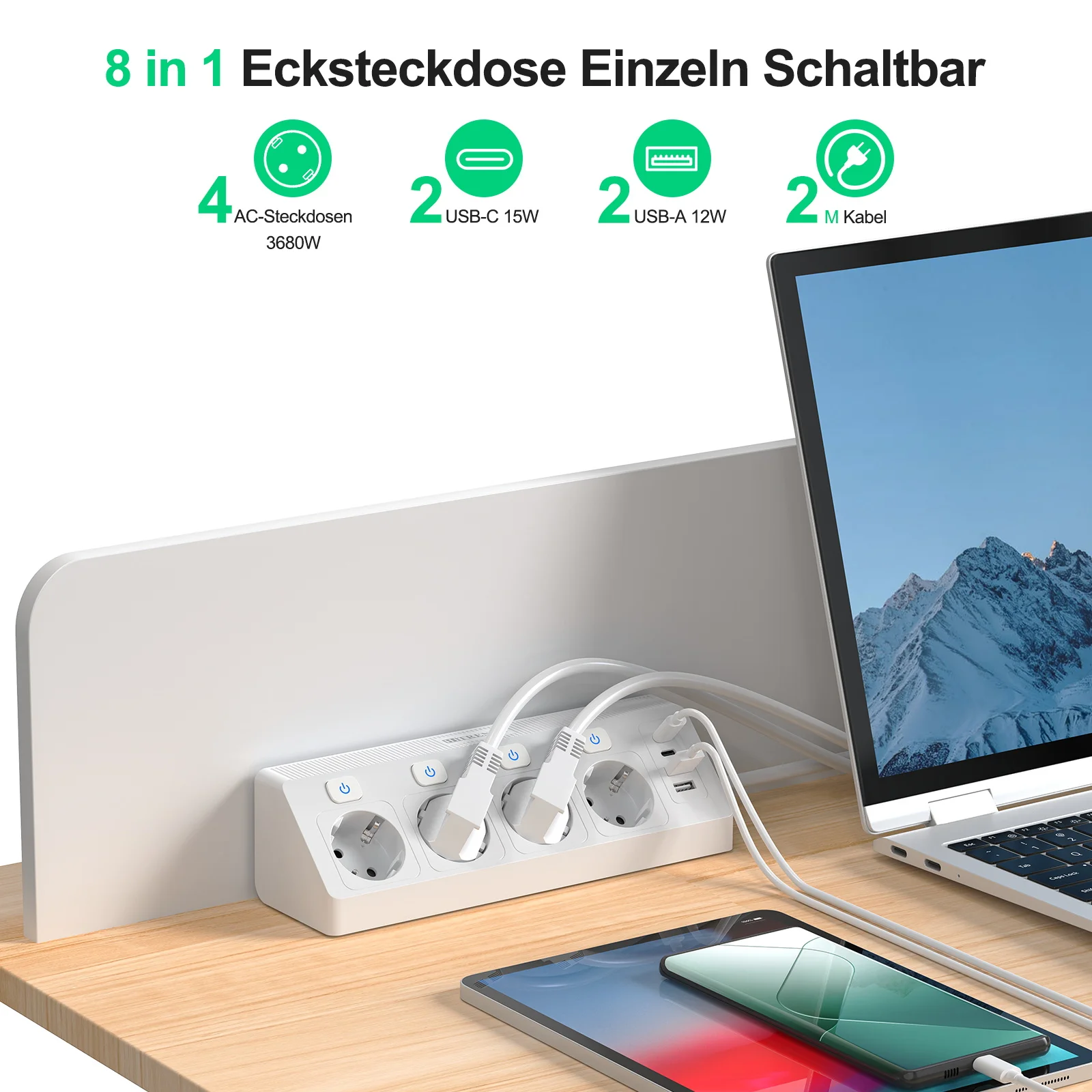 

【Угловая розетка 8-в-1, 4 порта переменного тока + 4 USB (включая Type-C), быстрая зарядка + независимый переключатель, удлинительный кабель длиной 2 метра