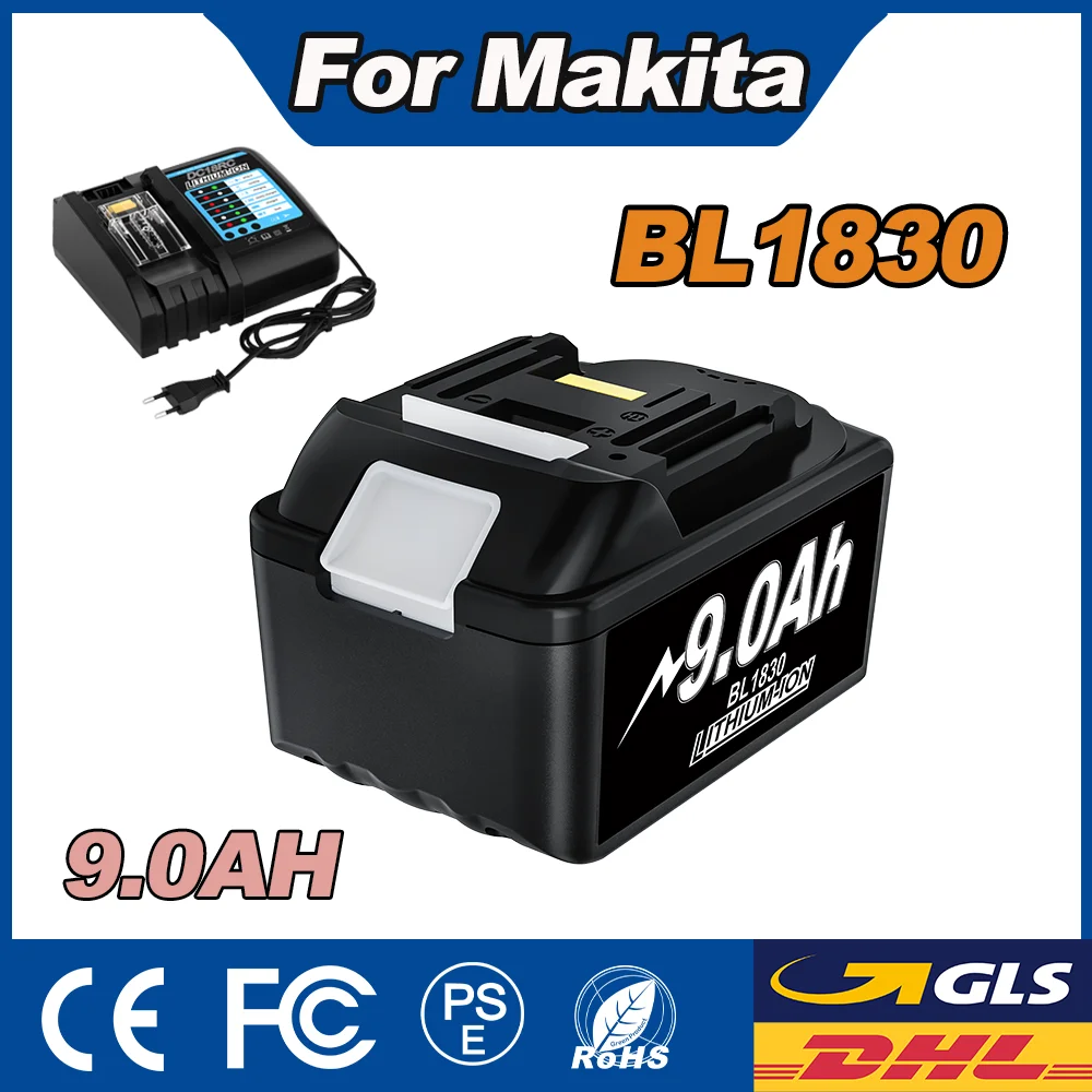 Bateria 9000mAh do Makita BL1830 18V, zamiennik baterii do BL1830B BL1815 BL1840 BL1850 BL1860 BL1860B z pojedynczą ładowarką 4A
