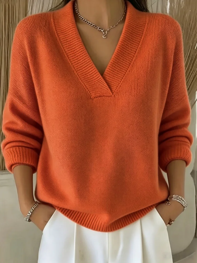 Europäische und amerikanische Plus-Size-Damenbekleidung, Herbst- und Winter-High-End-eleganter, lässiger, weicher Pullover mit V-Ausschnitt für Damen – Detail 6