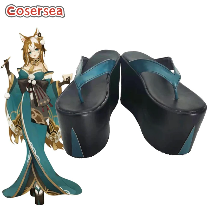 

Cosersea Game Genshin Impact Ms Hina Gorou, обувь для косплея, женские или мужские туфли на высоком каблуке, женские синие сандалии, Хэллоуин