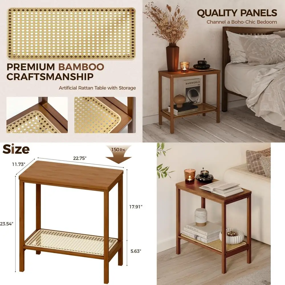 

Mid Century Modern 2-Tier Rattan End Table for Living Room, Small Space & Night Stand