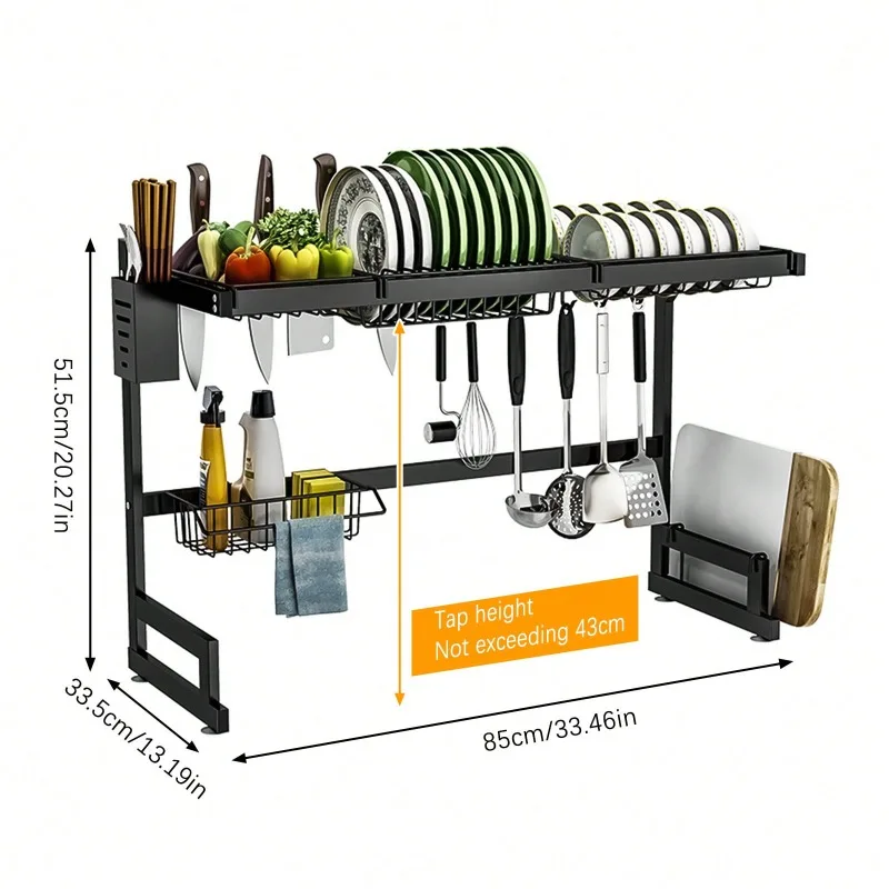 Large Over Sink Dish Drying Rack, 2 Tier Stainless Steel Dish Drainer For Kitchen Storage And Organization, Space Saving Countertop Rack Size 33 X 13 X 20 Inch