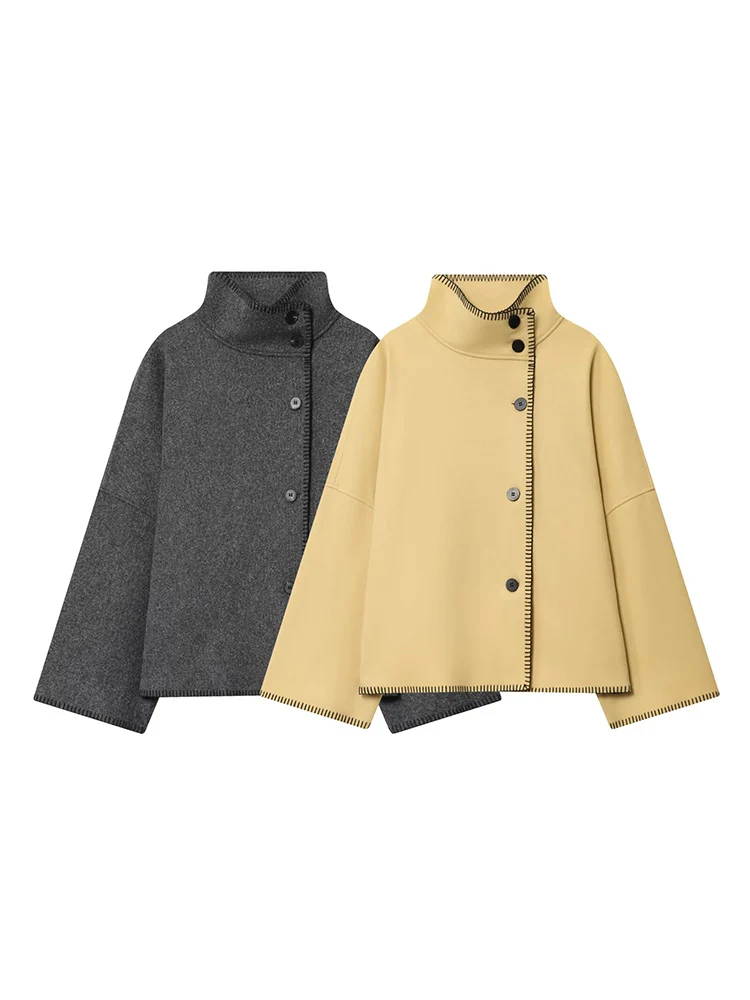 ヨーロッパスタイルの新しい女性用ファッショナブルで多用途な無地ハイネックシングルブレスト長袖コート