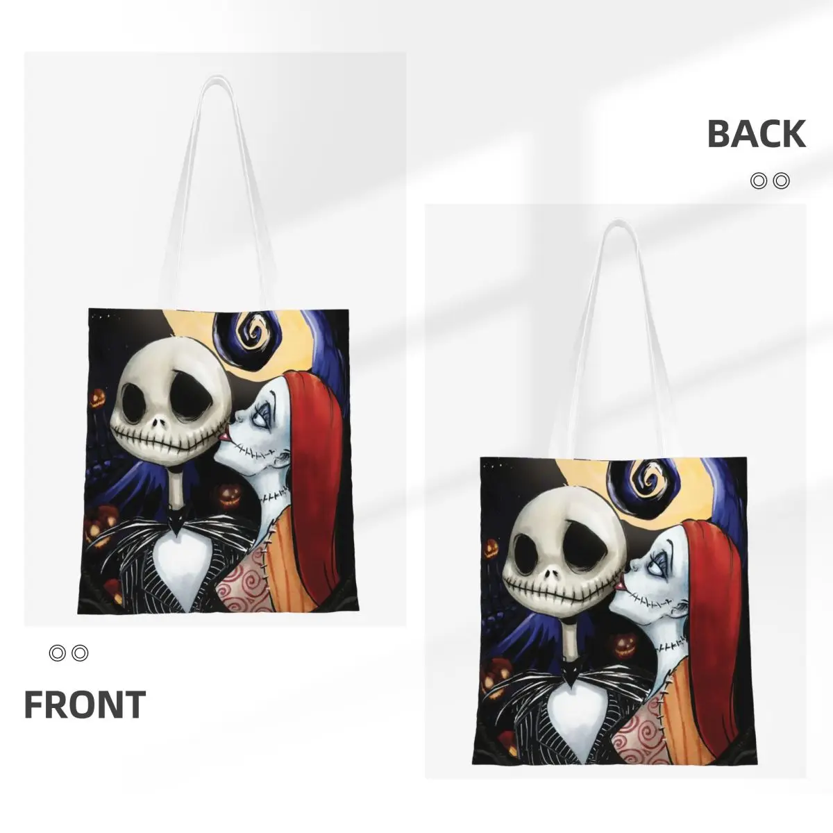 Custom Tim Burton Christmas Horror Movie Shopping Tote Bags Recycling Halloween Skull Jack Sally Canvas Shopper Shoulder Bag