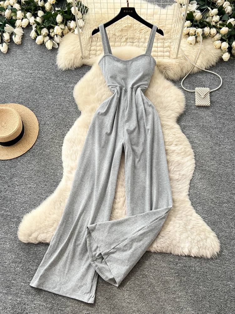 

Elegant High-Waist One-Piece Summer Slimming Wide-Leg Pants Women's Commute High Waist Strap Design Fashionable Business Sense