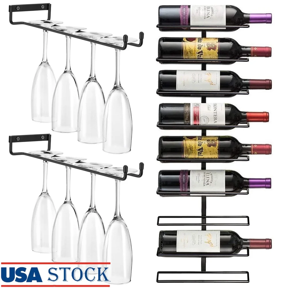 

Wall Mount Wine Rack 9 Bottles with 2 Under Cabinet Glass Holders Space Saving Durable Kitchen Dining Home Bar Storage Set