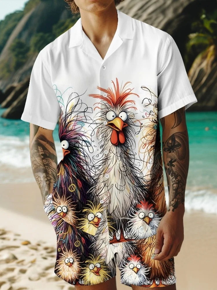 

3D Cartoon Chicken Printed Men's Shirt And Shorts Set Summer Casual Short-sleeved Shirt Outdoor Streetwear Men's Beach Shorts