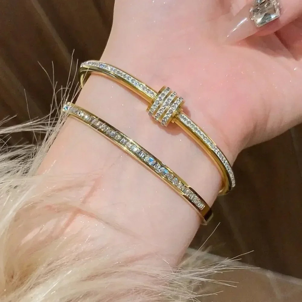 Luxury Stainless Steel Zircon Wide Bracelet for Women New Korea Fashion Wedding Bride Bangle Jewelry Accessory Gift Colorfast