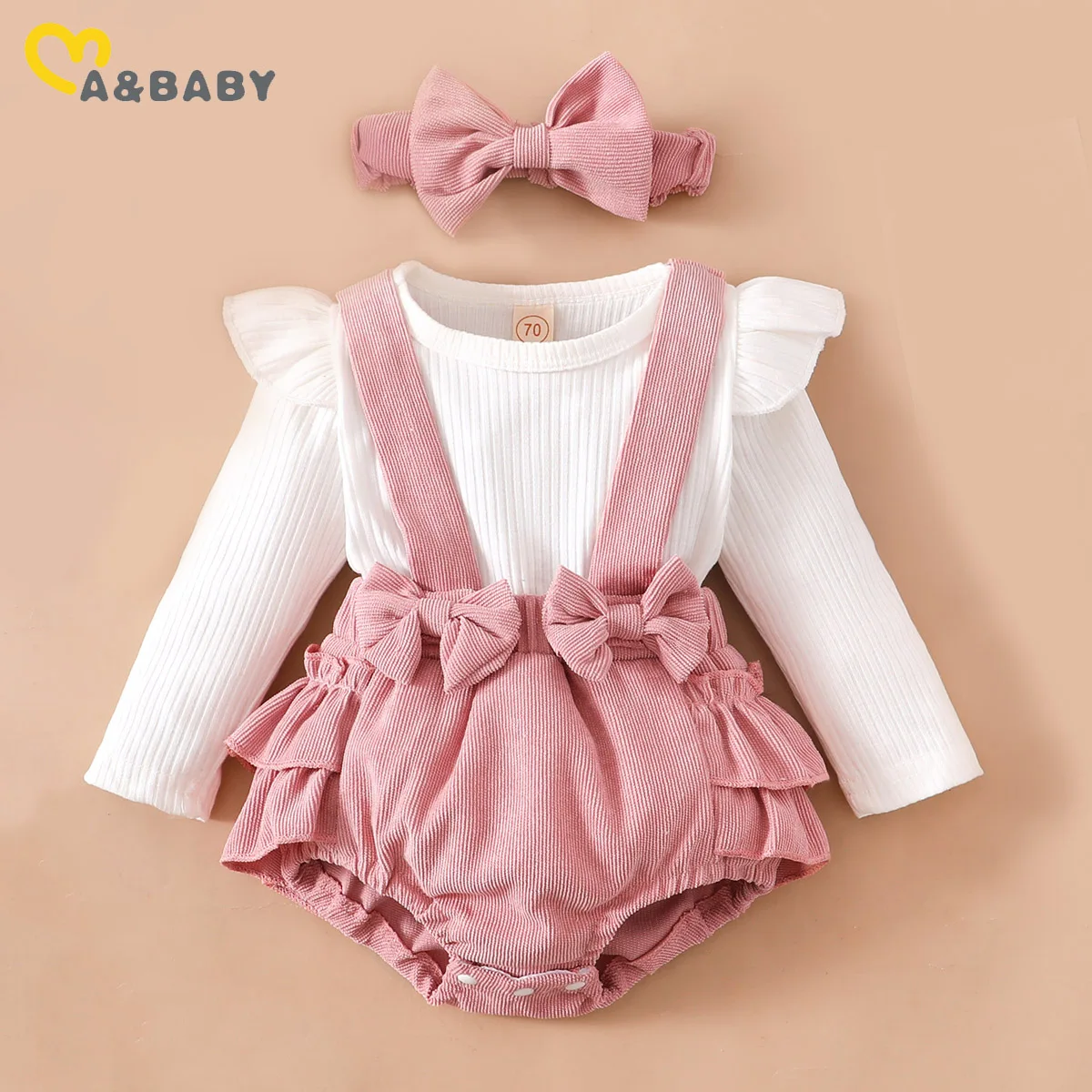 ma&baby 0-18M Baby Girls Romper Toddler Newborn Infant Fall Spring Jumpsuit Knit Long Sleeve Romper Bow Headband Outfits