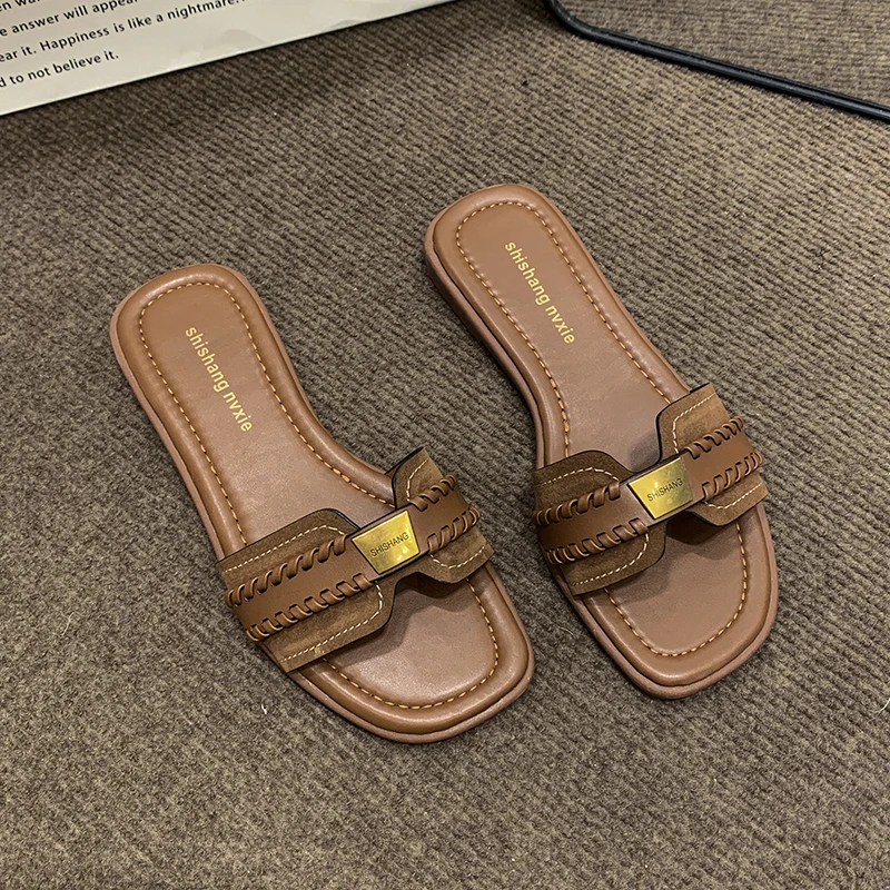 2024 Women Modern Slippers Summer Outdoors Comfortable Flat Slippers Luxury Leather Slippers Casual Slides Shoes Females Sandals