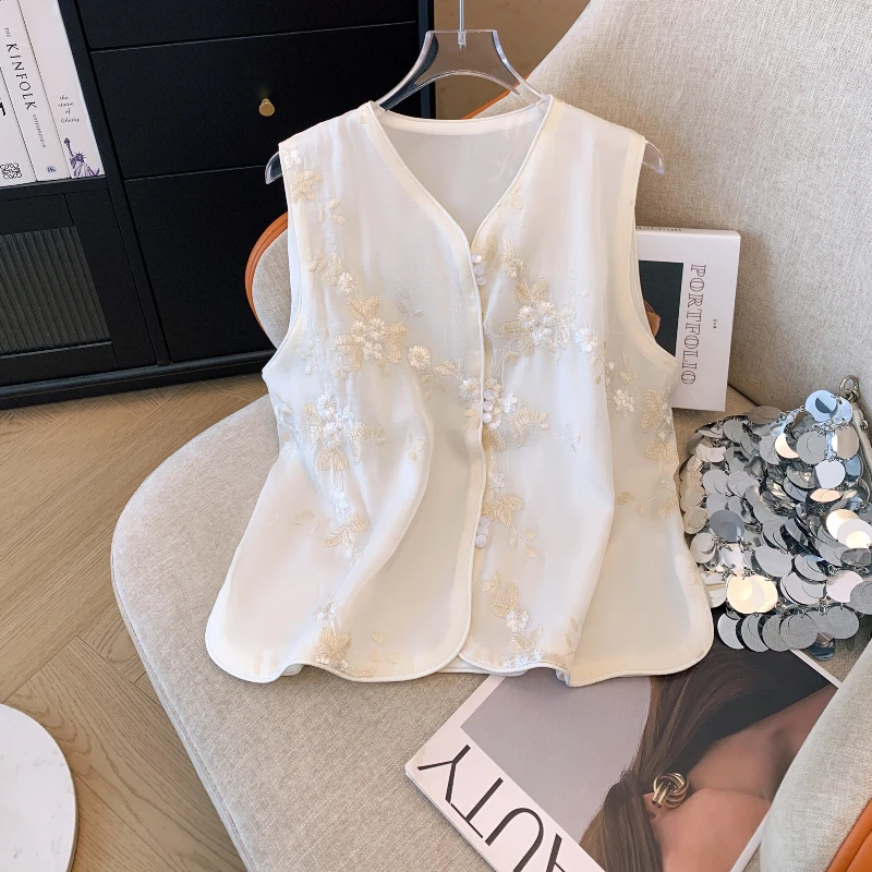 

New Chinese Sle Embroidered Tank Top Women's Summer Loose Casual Slimming Small Size Svel irt Commute Sle Cotton ...