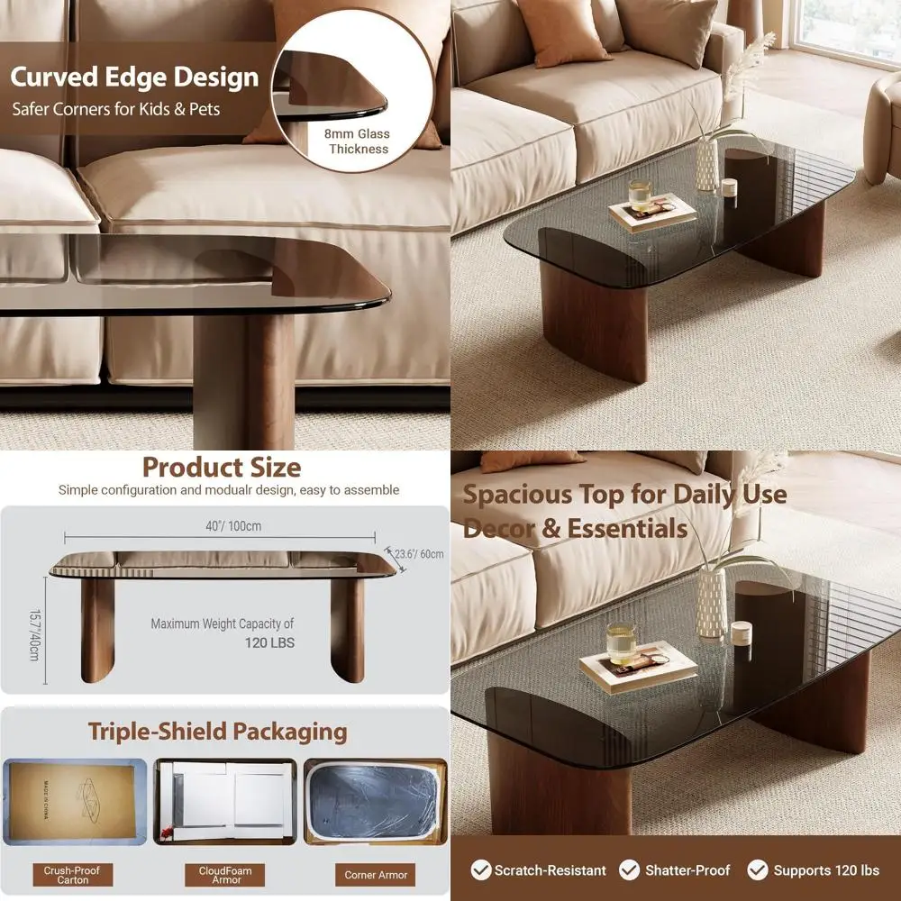 

Stylish Walnut Coffee Table with Tempered Glass Top for Living Spaces and Offices