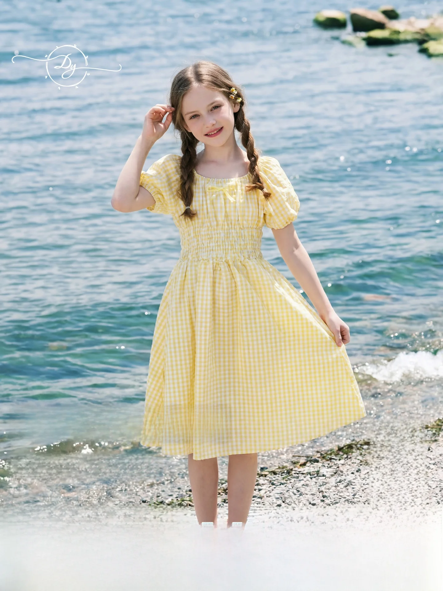 girls-bubble-sleeve-dress-summer-new-checkered-waist-cinched-breathable-country-style-princesse-skirt-cotton-short-sleeve-mid