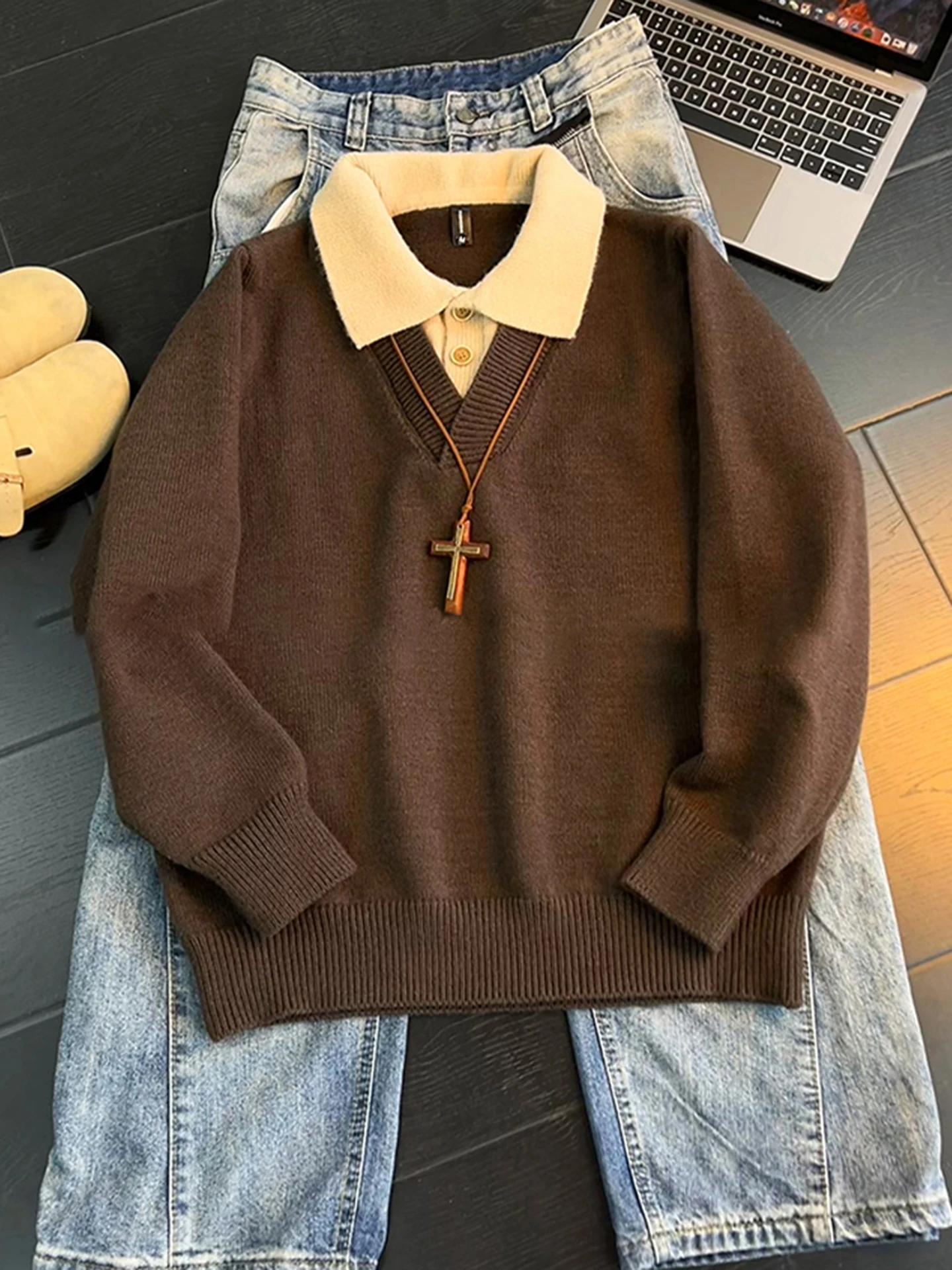 

Винтажный свитер с воротником кофейного цвета Barnes, мужской свитер на осень-зиму, вязаный пуловер с v-образным вырезом, модный повседневный