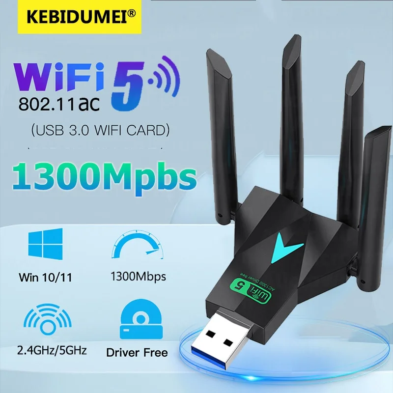 1300Mbps การ์ดเครือข่ายไร้สาย USB 3.0 WiFi USB Adapter Dual Band 2.4G/5 Ghz Wi-Fi Dongle 4 เสาอากาศไร้สายสําหรับ PC