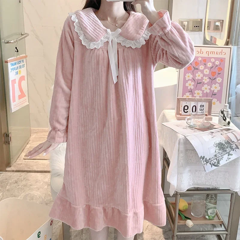 Winter Women Flannel Nightdress Thicken Warm Sleepwear Ladies Coral Fleece Nightgowns Female Sleepshirts Casual Home Clothes