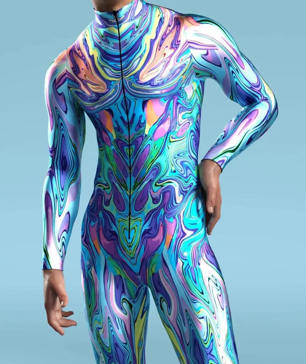 Neuer bunter Zentai-Bodysuit für Herren mit Reißverschluss vorne, Karnevalskostüm, Festival-Outfit, Daumenärmel, Cosplay-Kostüm – Detail 6